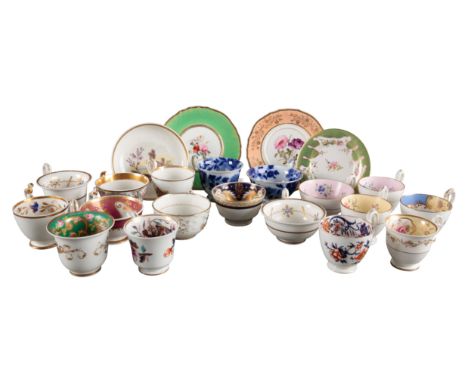 A COLLECTION OF H & R DANIEL TEACUPS AND SAUCERS in various shapes and patterns, including six plain edge cups, three second 