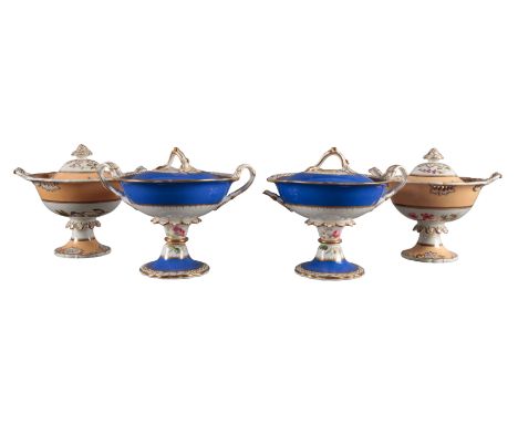 TWO PAIRS OF H & R DANIEL CREAM BOWLS including two of Mary Talbot shape, with cobalt blue and gilt banding, 17.5cm high, and