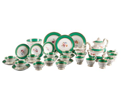 AN H & R DANIEL PLAIN EDGE SHAPE PART TEA SERVICE pattern 4555, with Dresden green border, floral sprays to the centre and gi