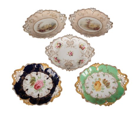 A GROUP OF FIVE H & R DANIEL QUEEN'S SHAPE SERVING DISHES including two in pattern 7162, one decorated with a landscape of Lu
