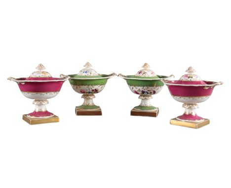 TWO PAIRS OF H & R DANIEL SHELL SHAPE CREAM BOWLS one pair decorated with green and gilt banding and floral sprays, on a squa