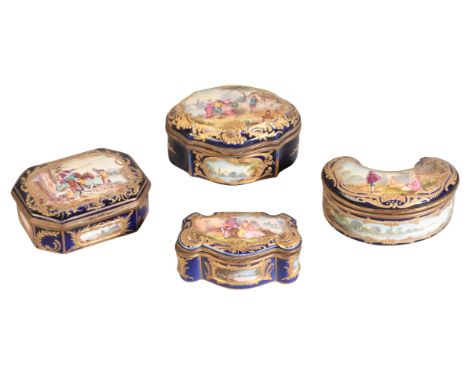A GROUP OF FOUR FRENCH ORMOLU MOUNTED SOFT PASTE PORCELAIN BOXES of 18th century&nbsp;Sèvres style and shaped outlines, 19th 