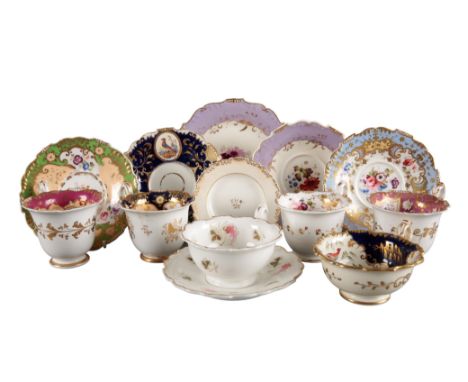 AN H & R DANIEL SHREWSBURY SHAPE TEACUP AND SAUCER in pattern 4312, the white ground decorated with pink and black foliage; t