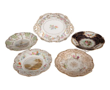 A GROUP OF FIVE H & R DANIEL STANHOPE SHAPE COMPORTS including four low circular comports, one in pattern 7748, painted with 