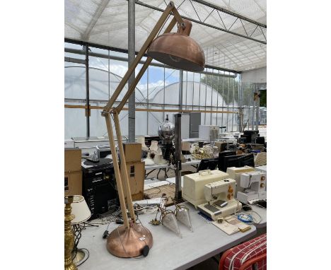 A LARGE FLOOR LAMP IN THE FORM OF AN ANGLEPOISE LAMP WITH A COPPER SHADE AND BASE - WORKING ORDER 