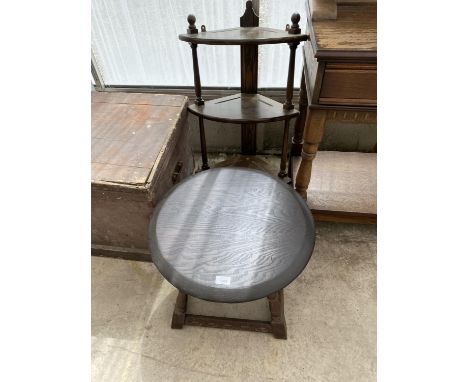 A SMALL ELM TABLE AND AN OAK THREE TIER CORNER SHELF 