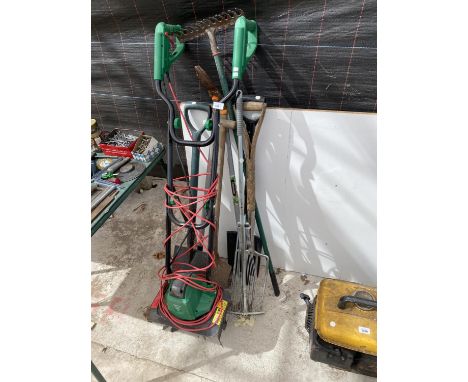 AN ELECTRIC ROTOVATOR IN WORKING ORDER AND VARIOUS GARDEN TOOLS TO INCLUDE A SPADE, FORK, RAKE ETC 