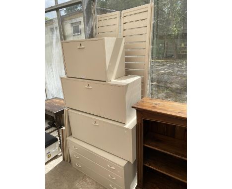 A PAINTED STAPLES LADDERAX UNIT WITH THREE DRAWER BASE, THREE FALL FRONT UNITS, ONE WITH MAPLE INTERIOR, SIDE PANELS, SHELVES