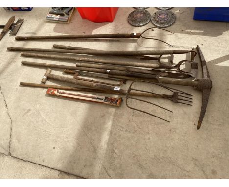A COLLECTION OF VINTAGE GARDEN TOOLS TO INCLUDE FORKS, HOES, PICK, PITCH FORK ETC 