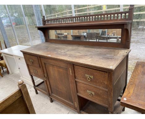 AN OAK SIDEBOARD WITH ONE DOOR, FOUR DRAWERS AND GALLERIED UPPER SHELF 