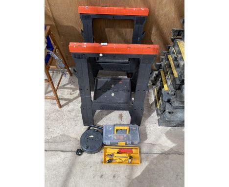A PAIR OF PLASTIC COMPACT SAWHORSE BENCHES, AN EXTENSION CABLE AND A TOOLBOX WITH CONTENTS 