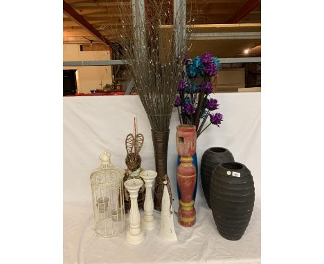 THREE VASES, A PAIR OF WOODEN CANDLE STICKS, AN INDIAN STYLE CANDLE STICK, A TEA LIGHT BIRD CAGE ETC 