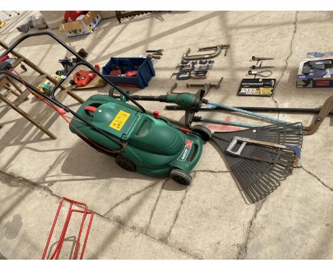 VARIOUS GARDEN TOOLS TO INCLUDE A QUALCAST POWER 34 LAWNMOWER WITH GRASS BOX, SHEARS, PLASTIC RAKE ETC - WORKING ORDER 