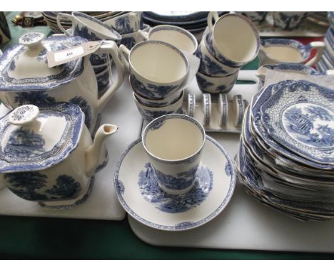 Large sel. of blue and white Adams landscape pottery incl. tea and coffee pots, cups, saucers etc. (approx 50 pieces)