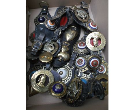 Valuable box of small brasses on leathers containing a good selection of red, white and blue porcelain centres, light and cob