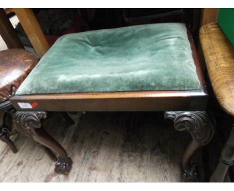 Victorian mahogany rectangular stool on ornate shaped ball and claw feet, the padded seat upholstered in green dralon