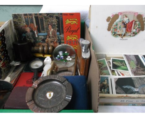 Magpie lot incl. sel. of tea and cigarette cards, some loose in cigar box, spirit flask, paper weights, boxed anniversary Cro