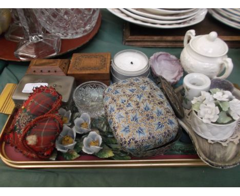 Tray of miniature paper maché and wooden trinket boxes etc