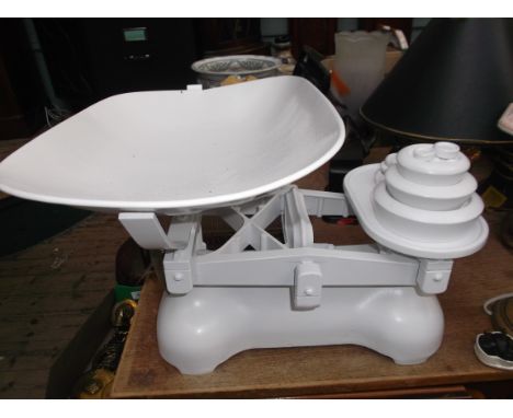 Large white painted set of scales and weights incl. pan