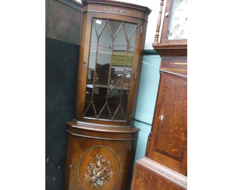Modern corner cupboard, the upper portion with rectangular astragal panel with 2 shelves behind, the lower cupboard with oval