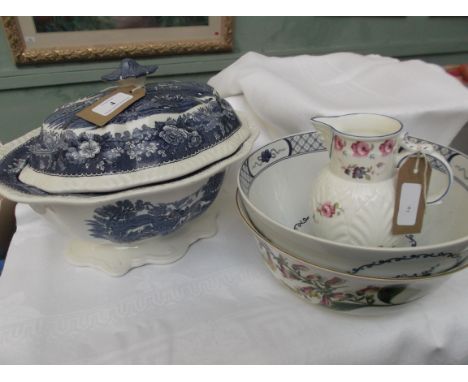 Blue and white Adams English ironstone 'English Scenic' lidded soup tureen, Coalport Caughley mask/head cream jug, Wedgwood b