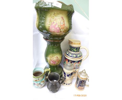 Green ground planter on pedestal, decorated Piper serenading his lady, German steins, matching large water jug, Holkham grey 