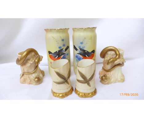 Pair of Worcester Locke &amp; Co hand painted spell vases, each of bull finches signed J. Lewis, pair of Worcester log effect