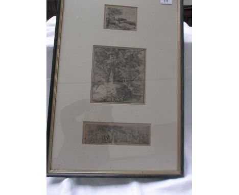 Framed three panel black and white etching of birch trees and cattle on the edge of a forest, unsigned 