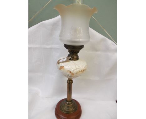 Light brown and cream painted circular pot based table lamp with brass corinthian column, circular brown painted base, etched