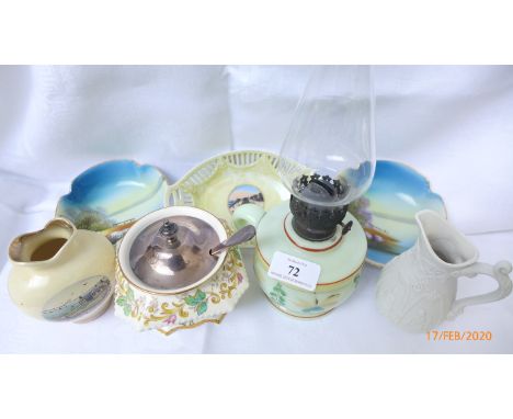 Magpie lot incl. a small paraffin lamp, lustre trinket dish 'Kingsway Garden, Cleethorpes', 2 Noritake dishes, sugar basin et