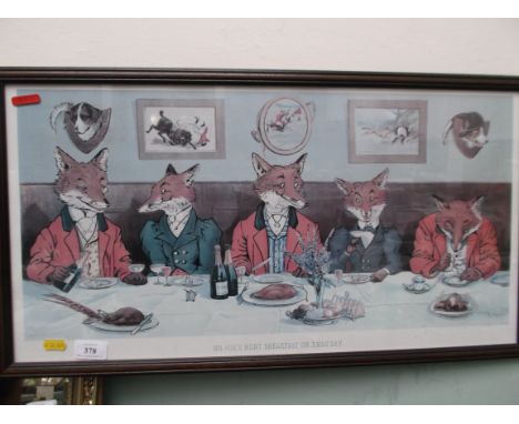 Rectangular framed coloured panel of 'Mr Hunts breakfast on Christmas Day' with text of the believed Blankney Hunt characters