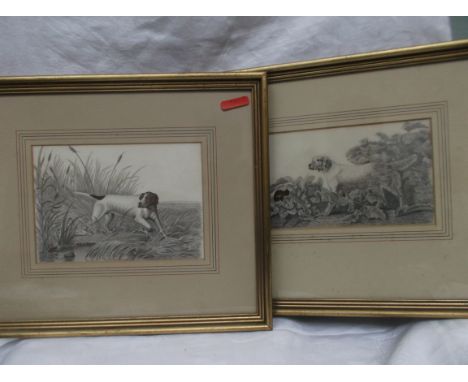 Pair of gilt framed prints each of a hunting dog flushing game