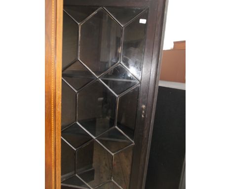 Large oak freestanding corner cupboard (33" wide x 68" high) with glazed astragal panel with 3 display shelves behind