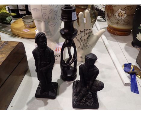 Two coal scuttles, miners lamp and a lignum vitae candlestick. Not available for in-house P&amp;P 
