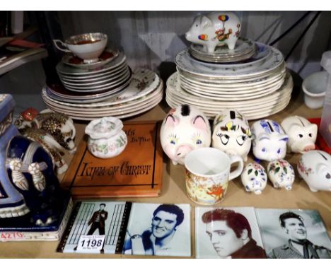 Shelf of mixed ceramics and piggy banks. Not available for in-house P&amp;P 