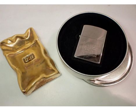Vintage ceramic Benson &amp; Hedges ashtray, a Hadson stainless steel petrol cigarette lighter in tin. UK P&amp;P Group 1 (£1