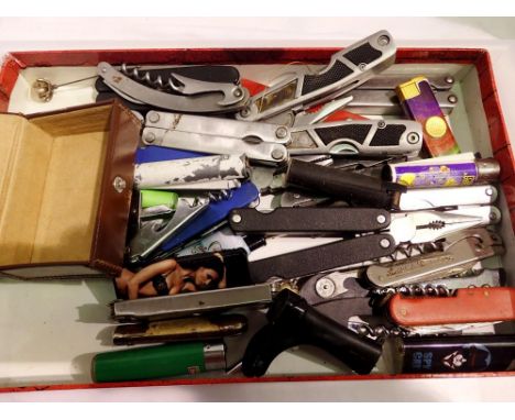 Tray of mixed penknives, lighters and multi tools. Not available for in-house P&amp;P 