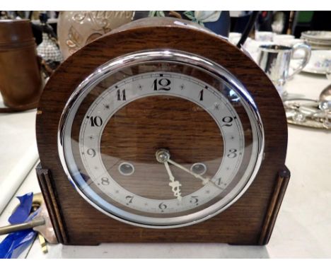 Oak cased striking mantel clock. Not available for in-house P&amp;P 