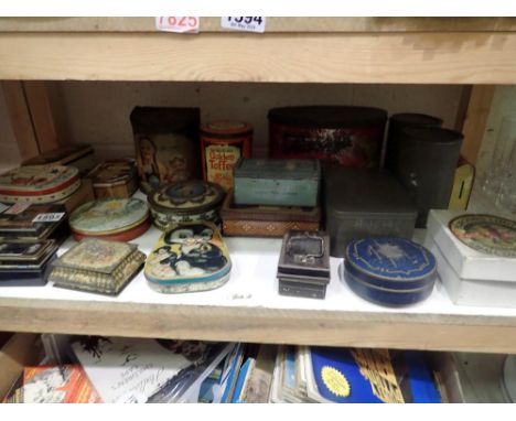 Shelf of mixed tin boxes. Not available for in-house P&amp;P 