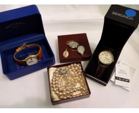 Costume jewellery and wristwatches, including two lockets, pearl necklace, Rotary gents watch etc. UK P&amp;P Group 1 (£16+VA