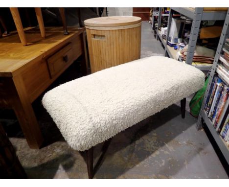 Lined wooden laundry basket and vintage wool topped footstool, 80 x 38 x 32 cm. Not available for in-house P&amp;P 