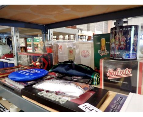 Shelf of rugby league memorabilia. Not available for in-house P&amp;P 