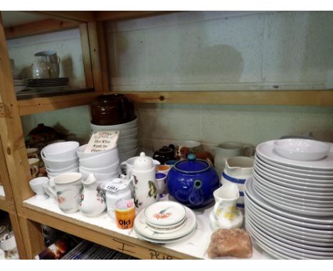 Shelf of mixed ceramics, including Jamie Oliver Royal Worcester. Not available for in-house P&amp;P 