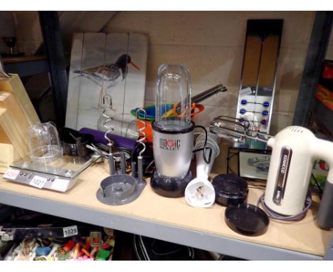 Shelf of mixed kitchen items, including a 'Magic Bullet'. Not available for in-house P&amp;P 