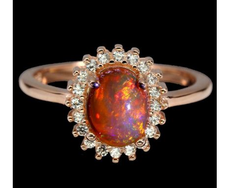 A matching 925 silver rose gold gilt cluster ring set with a cbaochon cut opal and white stones, (N).