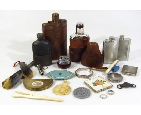 Various bygones, collectables, medallions, etc, to include a guardsman type whistle, 7cm wide, powder compacts, glove stretch