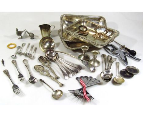 Various silver plate, to include a pair of entree dishes, 29cm wide, serving spoons, elaborate spoons, pheasant ornament, jug