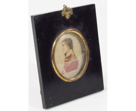 19thC School. Portrait miniature, soldier in Napoleonic dress, side quarter profile, watercolour on paper, 10cm x 7cm, in ova