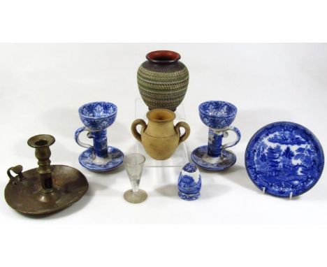 Various blue and white pottery, comprising a pair of early 20thC Cauldon candlesticks of dumbbell form with shaped handles, h