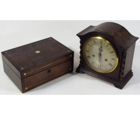 A 19thC rosewood sewing box, the rectangular lid with a (vacant) mother-of-pearl square centre section, hinging to reveal a f